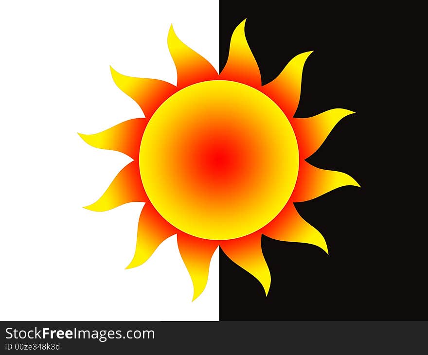 Symbol of the yellow-red Sun on a black-and-white background. Symbol of the yellow-red Sun on a black-and-white background