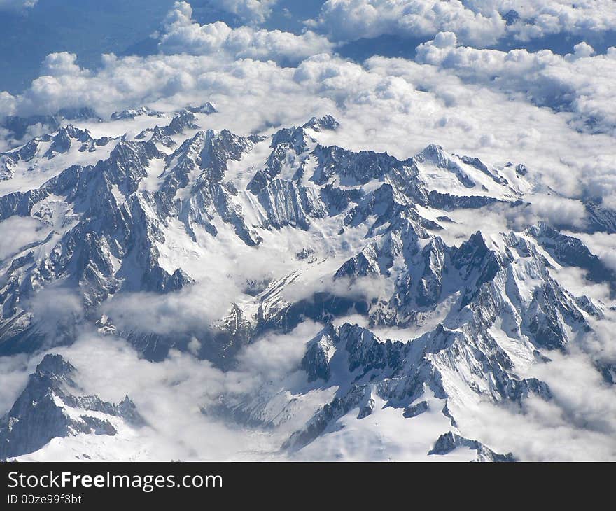 The Alps as seen from above near Geneva in Switzerland. The Alps as seen from above near Geneva in Switzerland