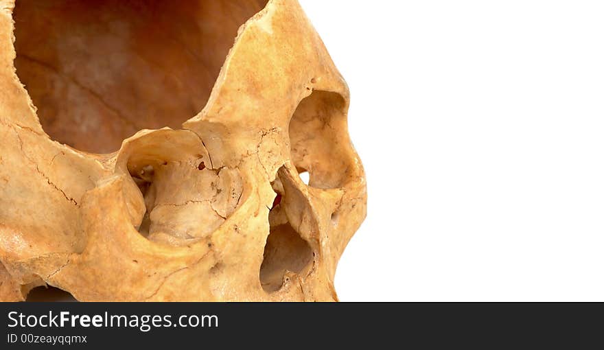 Old broken skull against white background