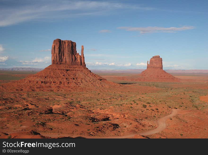 Monument Valley with the road which makes a loop-tour through the Park. Arizona. USA