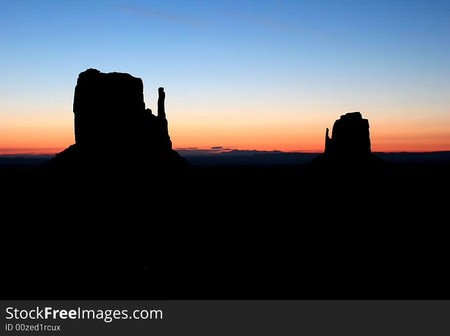 Silhouettes of rocks from the famous Navajo Tribal Park-Monument Valley. Arizona. USA