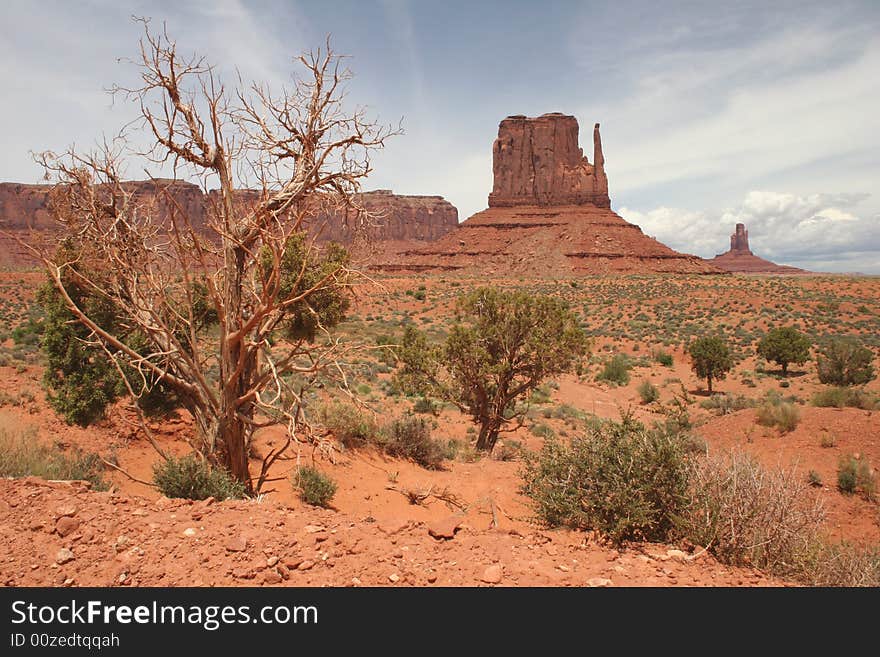 View of famous rock formations in Monument Valley. Arizona/Utah State line. USA