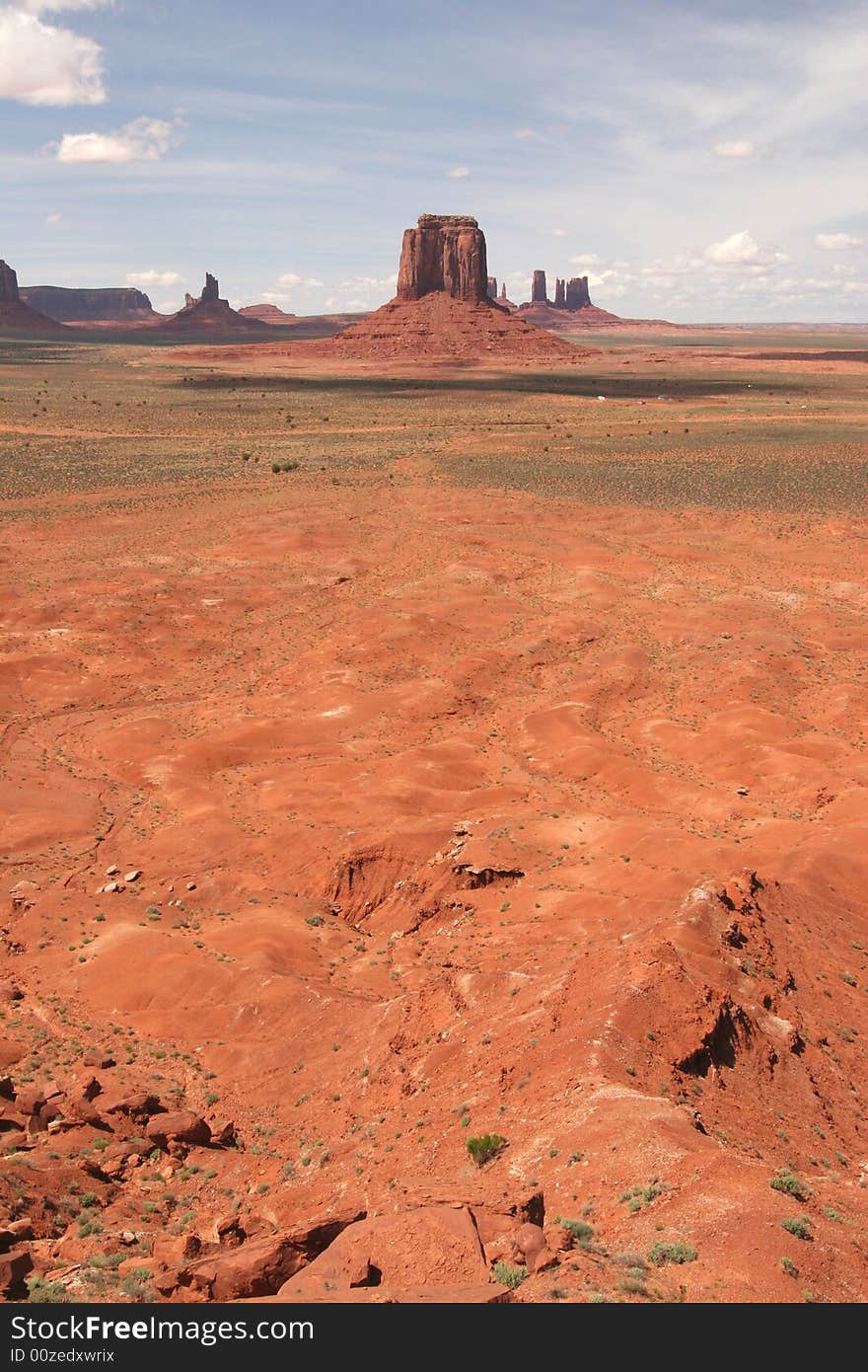 View of famous rock formations in Monument Valley. Arizona/Utah State line. USA