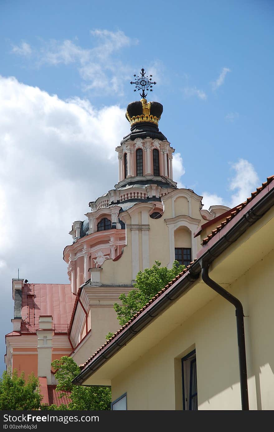 The beautiful tower of catholic church in old town of Vilnius city, Lithuania, travel Europe. The beautiful tower of catholic church in old town of Vilnius city, Lithuania, travel Europe