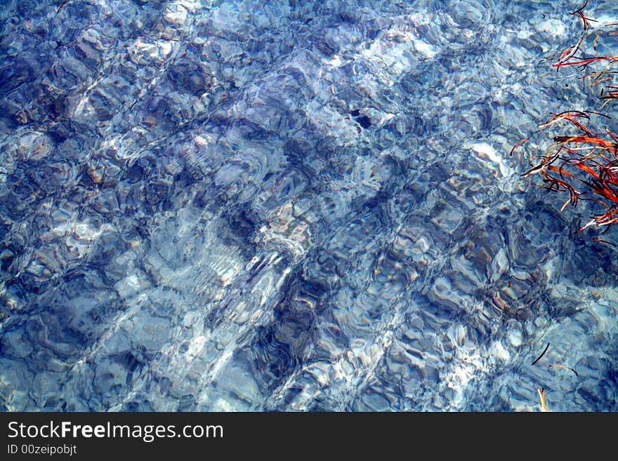 Very textured and wavy blue liquid with grass floating on the surface.