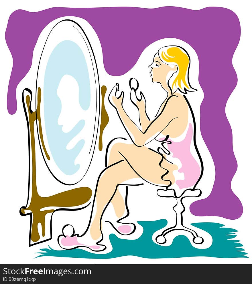 Coloured drawing of woman siting front of mirror painting her face. Coloured drawing of woman siting front of mirror painting her face