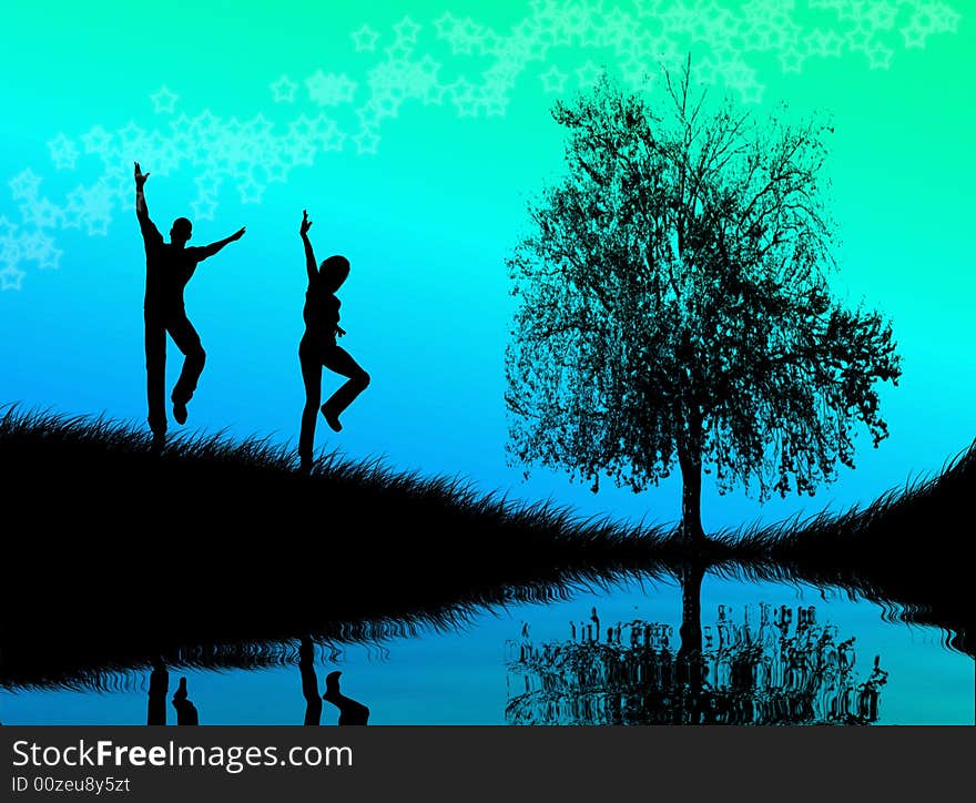 Black man and woman figures jumping in the sunset