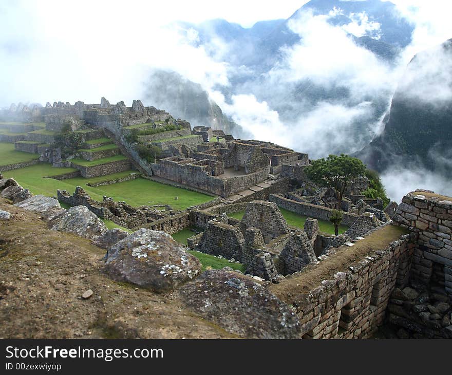 The lost city of the inca Machu Picchu in Cuzco, Peru. Inca window.