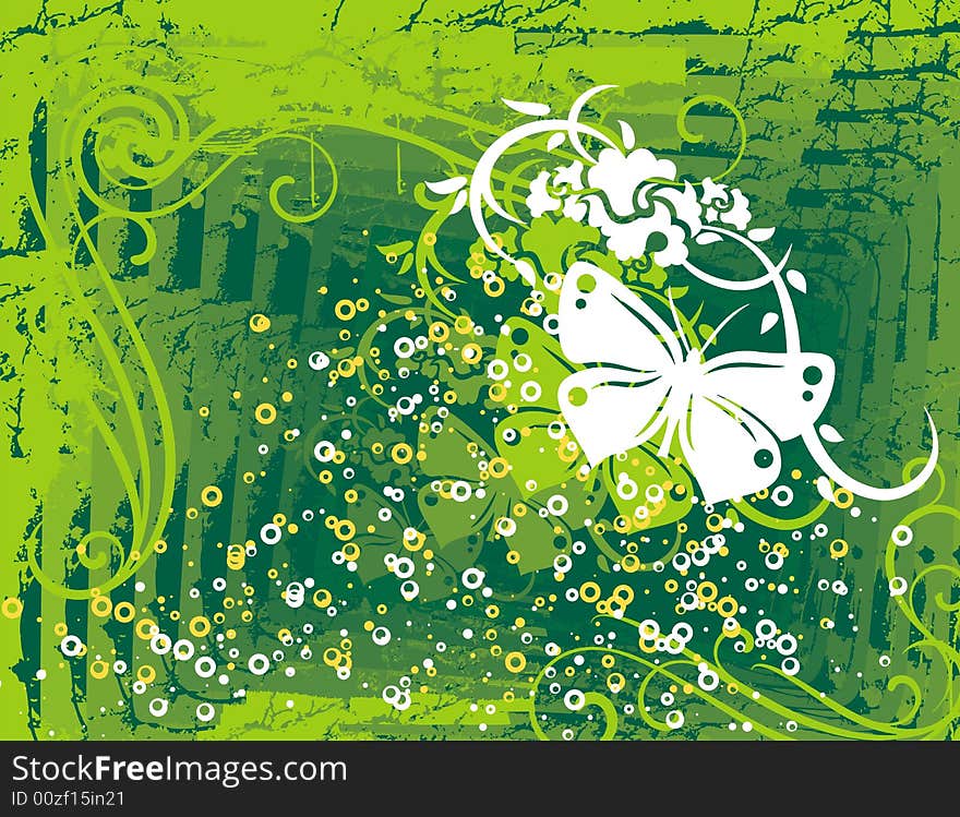 Grunge floral design in green colors with a butterfly, vector illustration series. Grunge floral design in green colors with a butterfly, vector illustration series.