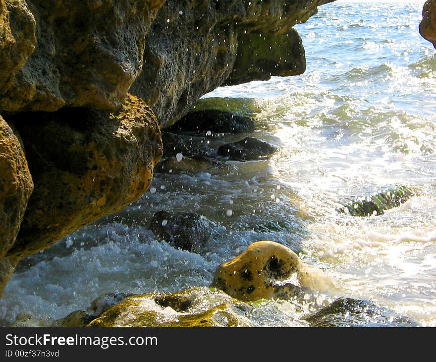 Beautiful photo of rocky sea coast. An illustration for geographical magazines.