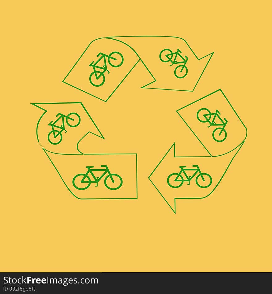 Green recycle symbol and bicycles save the air. Green recycle symbol and bicycles save the air