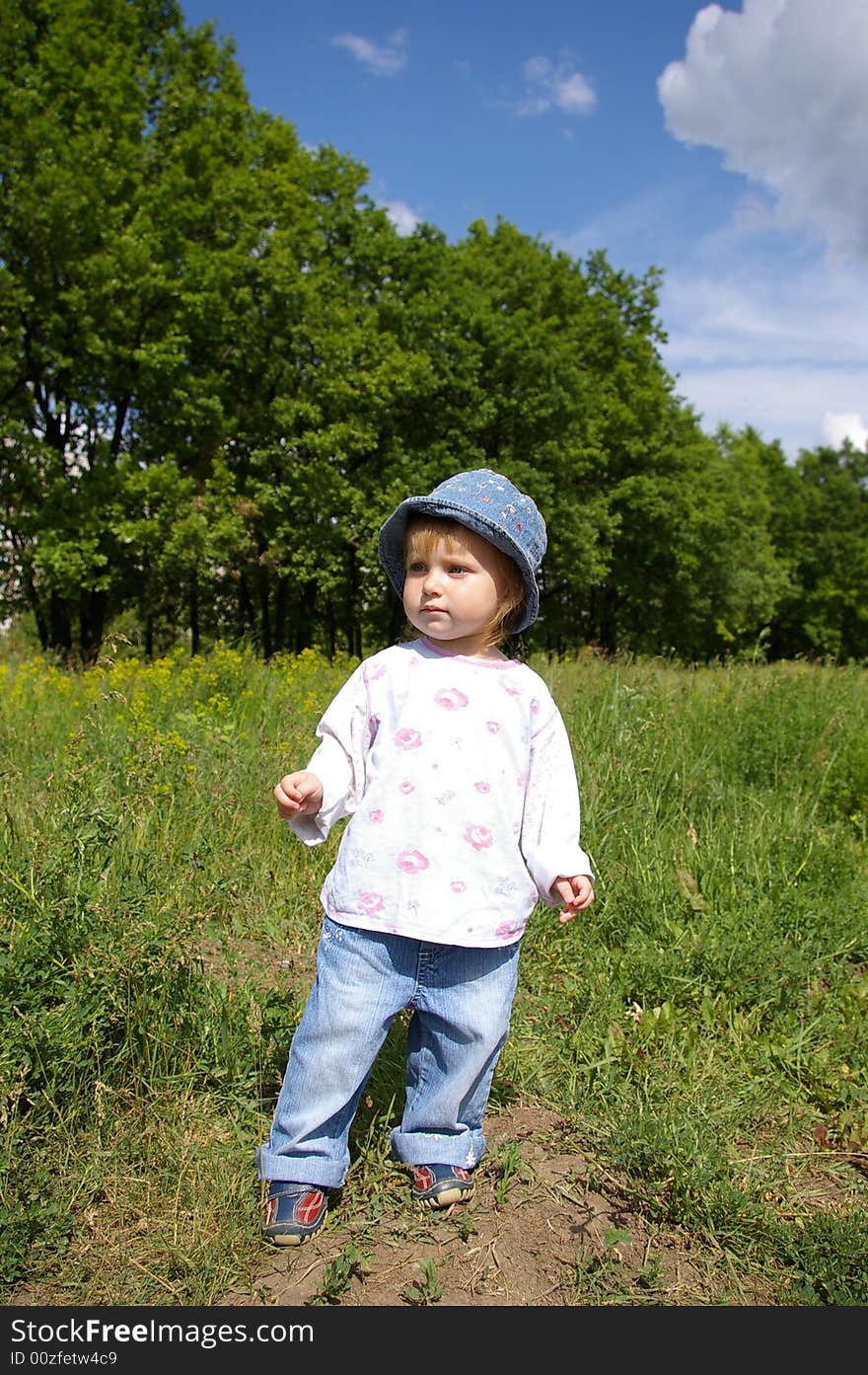 Cute little girl on a background of a landscape