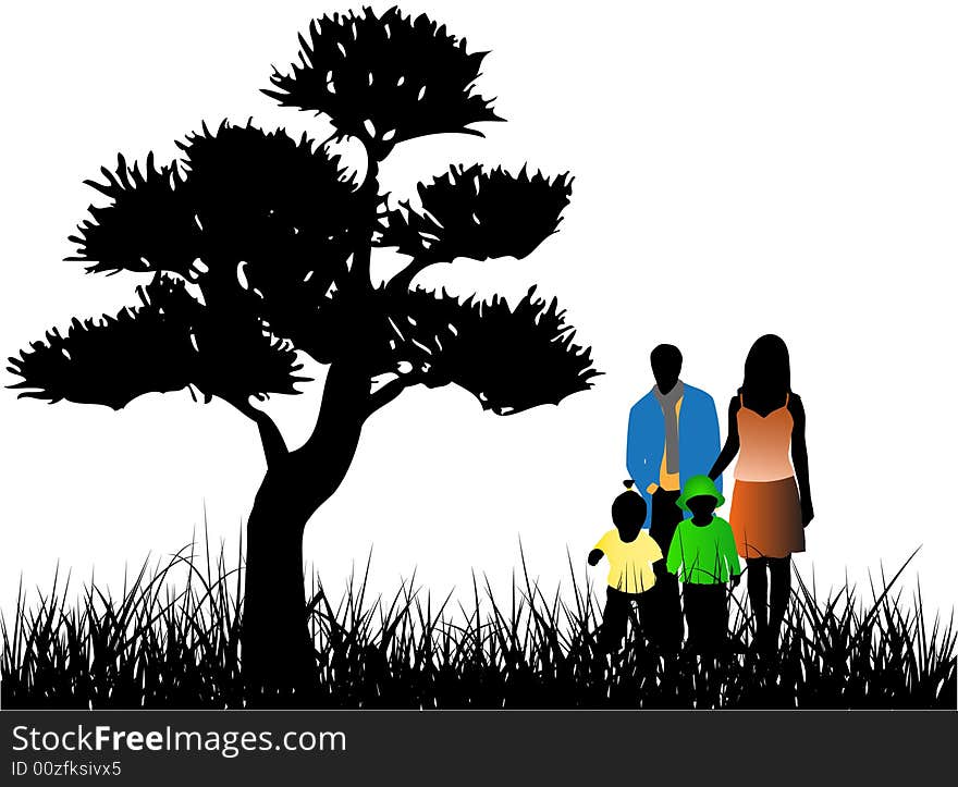 Illustration of family on grass