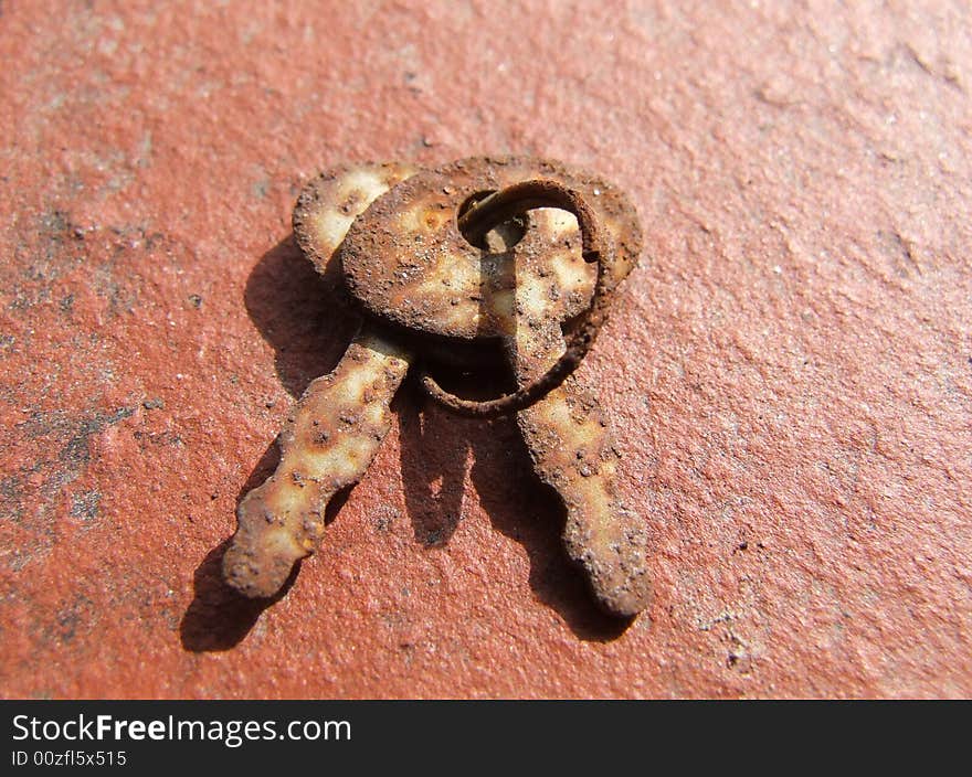 Two rusty old keys a ringlet laying on asphalt. Two rusty old keys a ringlet laying on asphalt