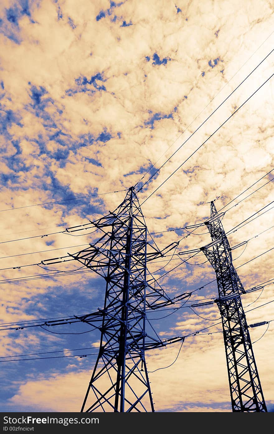 High voltage power line pillar on the background of unreal sky