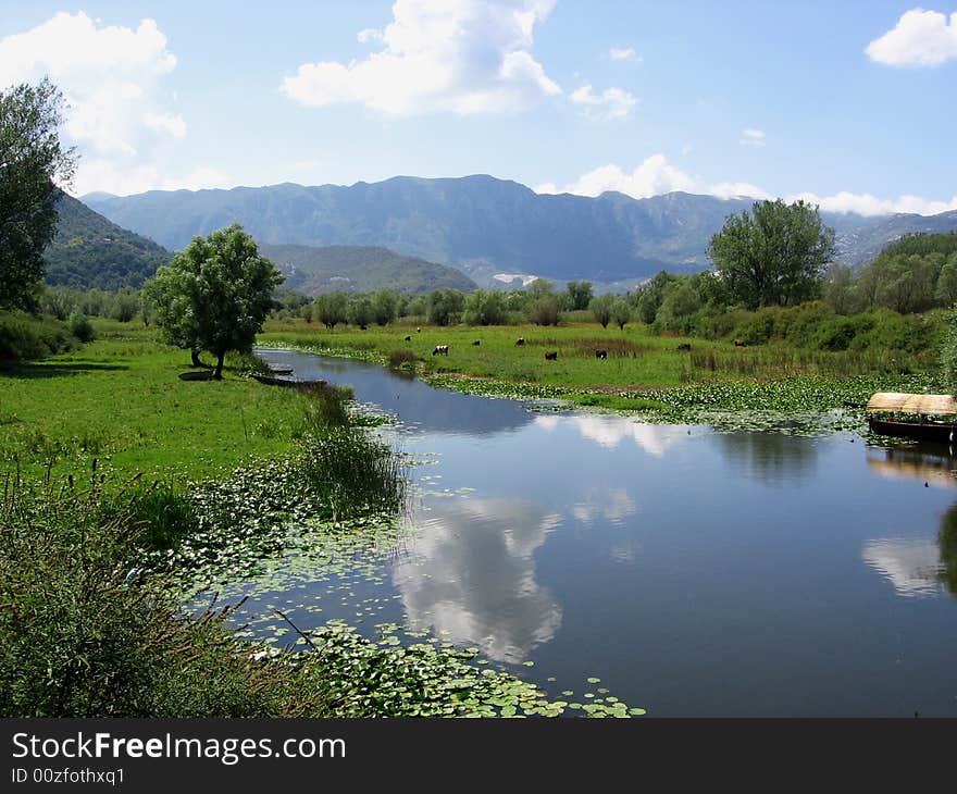 Landscape with lake, clouds, trees and mountains, Natonal park Skadar lake, Virpazar, Montenegro