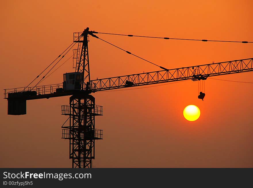 Black Shadow Crane and Orange Sunset. Black Shadow Crane and Orange Sunset