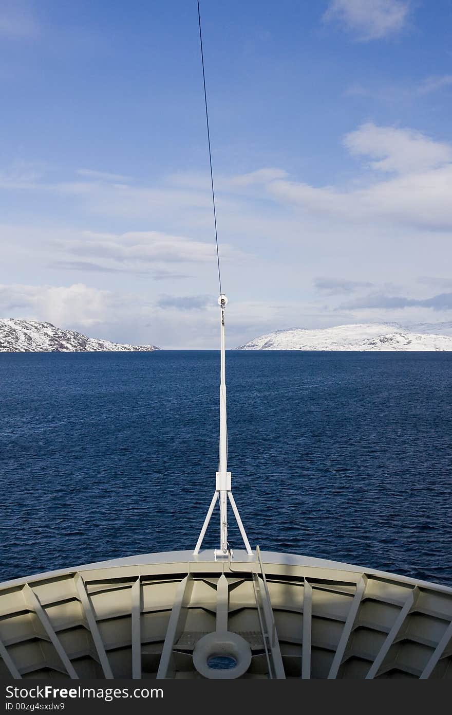 Nose of a cruise ship in the Arctic ocean