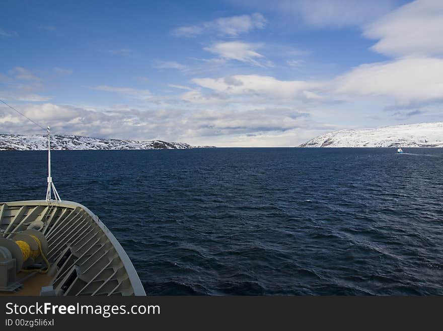 Nose of a cruise ship in the Arctic ocean