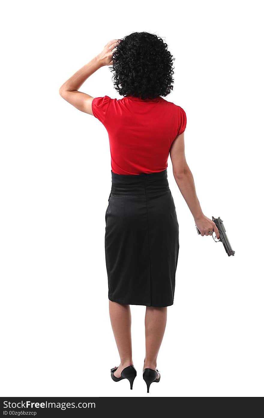 Woman with the gun on the white background. Woman with the gun on the white background