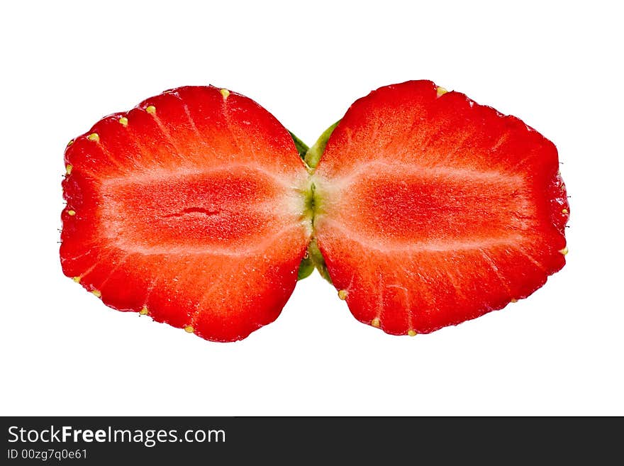 Twin halfs of one strawberry isolated on white. Twin halfs of one strawberry isolated on white