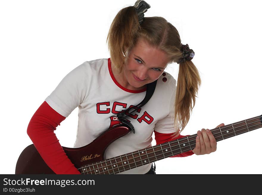 Girl with guitar isolated on white background