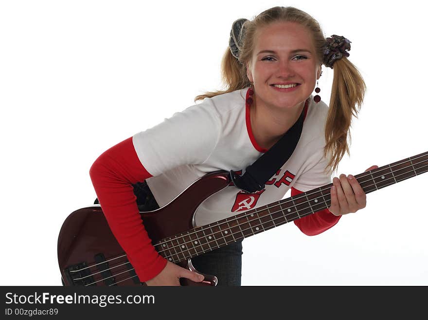 Girl with guitar isolated on white background