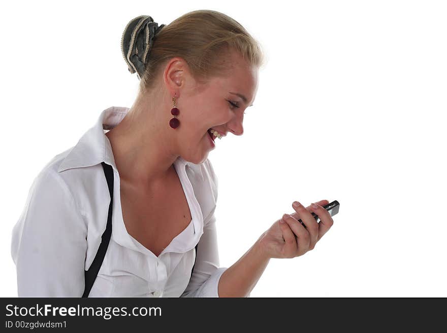 Happy woman with mobile phone isolated on white background