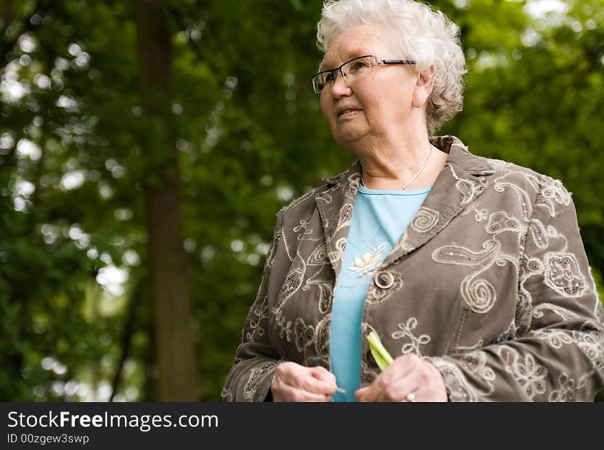 Outside portrait of an elderly woman standing and looking. Outside portrait of an elderly woman standing and looking