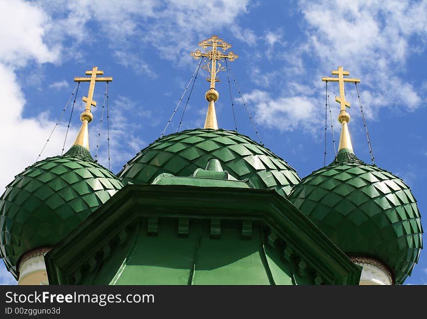 The three green cupolas of church, Uglich