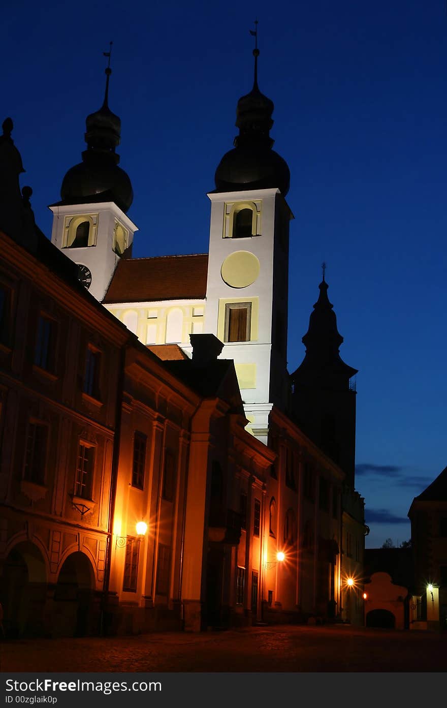 Church at dusk. Picture taken in Telc, Czech Republic. Unesco listed site