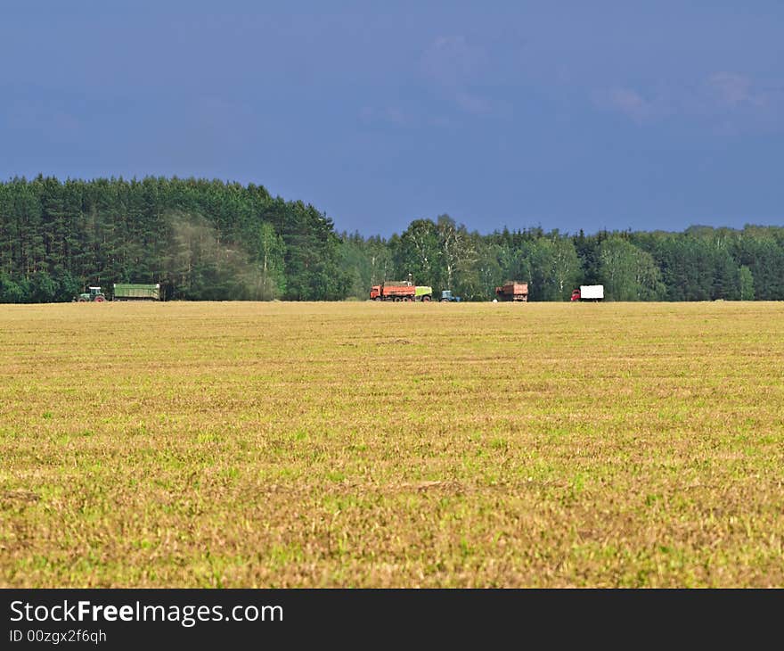 Landscape with an agricultural field and trucks. Landscape with an agricultural field and trucks