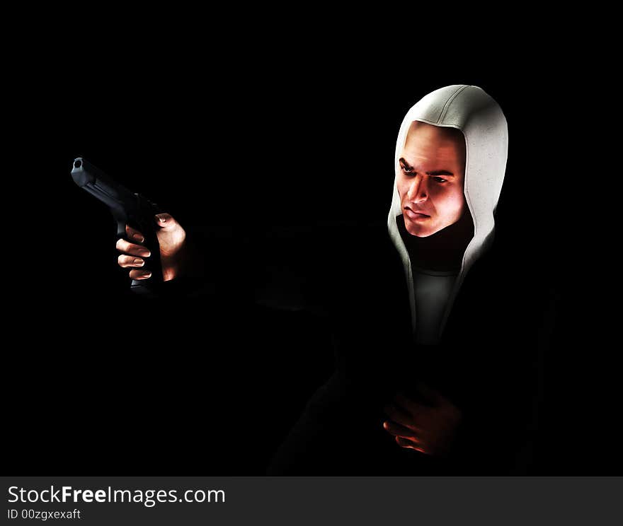 An image of a angry thug with a hoodie that has a gun, it would be good to highlight criminality concepts. An image of a angry thug with a hoodie that has a gun, it would be good to highlight criminality concepts.