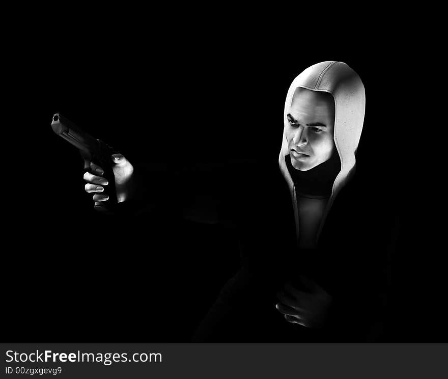 An image of a angry thug with a hoodie that has a gun, it would be good to highlight criminality concepts. An image of a angry thug with a hoodie that has a gun, it would be good to highlight criminality concepts.