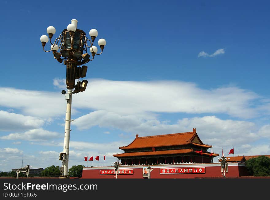 Beijing's Tian'anmen, literally, Gate of Heavenly Peace, was the principal entry to the Imperial Palace during the Ming and Qing dynasties in China's history.

It is one of the finest monumental gates in the world, extraordinary for its imposing size. Ornamental Columns (huabiao), stone lions and white marble bridges decorate the front.