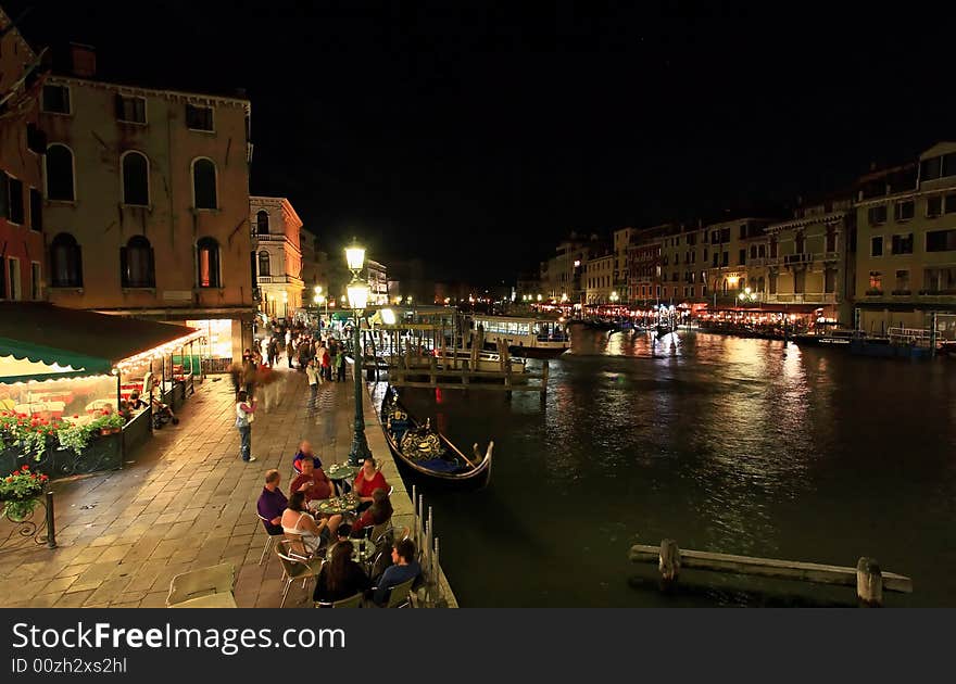 The scenery along the Grand Canal in Venice Italy at night