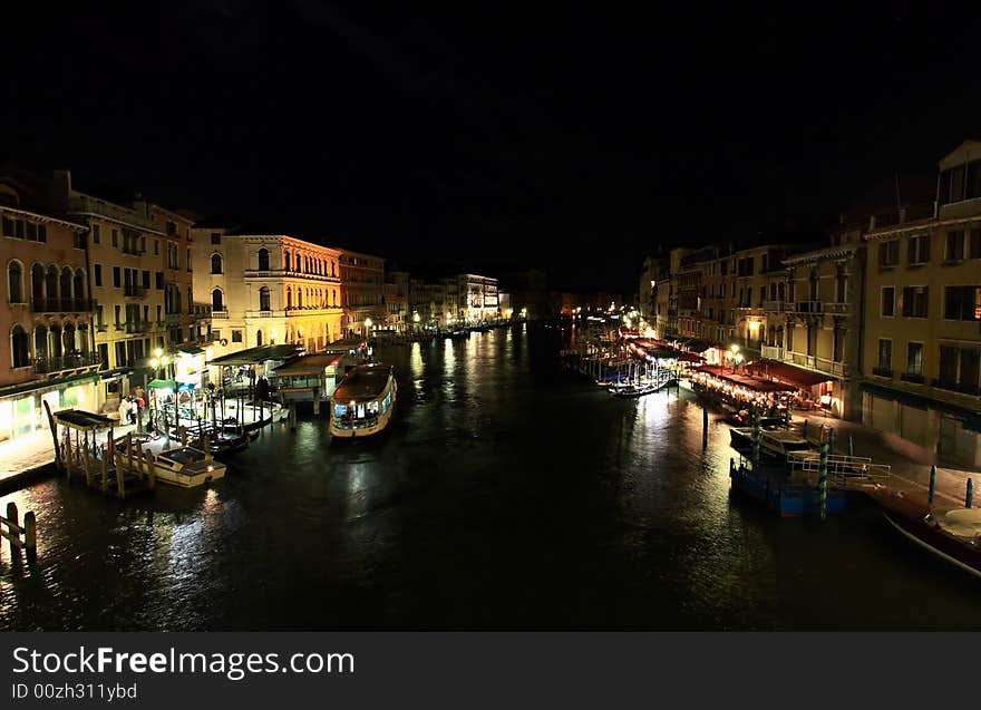 The scenery along the Grand Canal in Venice Italy at night