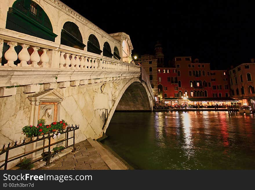 The scenery along the Grand Canal in Venice Italy at night