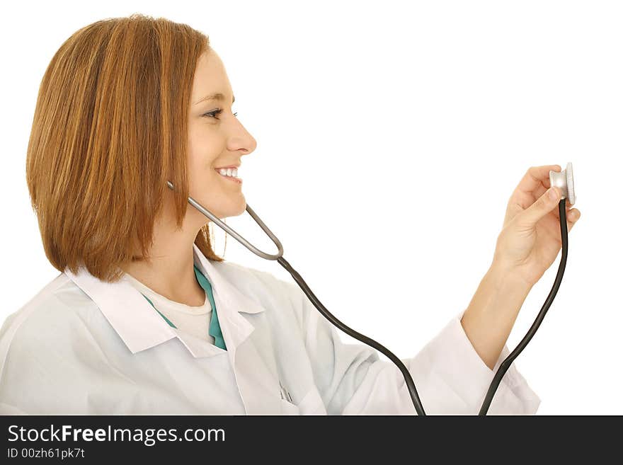 Shot of isolated doctor or lab worker holding up her stethoscope to check on somebody. Shot of isolated doctor or lab worker holding up her stethoscope to check on somebody