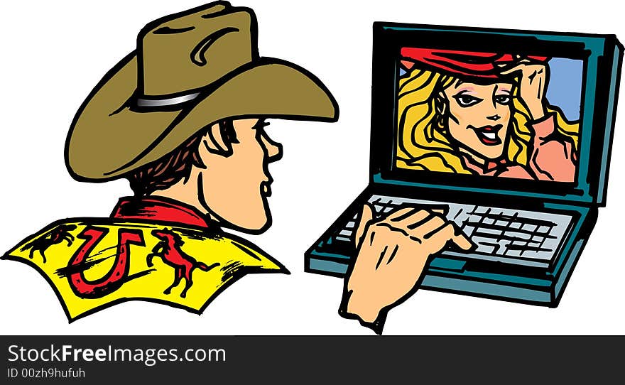 Cowboy on laptop chatting with girlfriend. Cowboy on laptop chatting with girlfriend