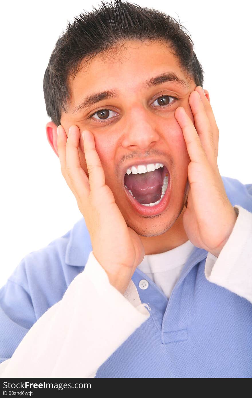 Teenager screaming while both cheeks with his hands. isolated on white background. Teenager screaming while both cheeks with his hands. isolated on white background