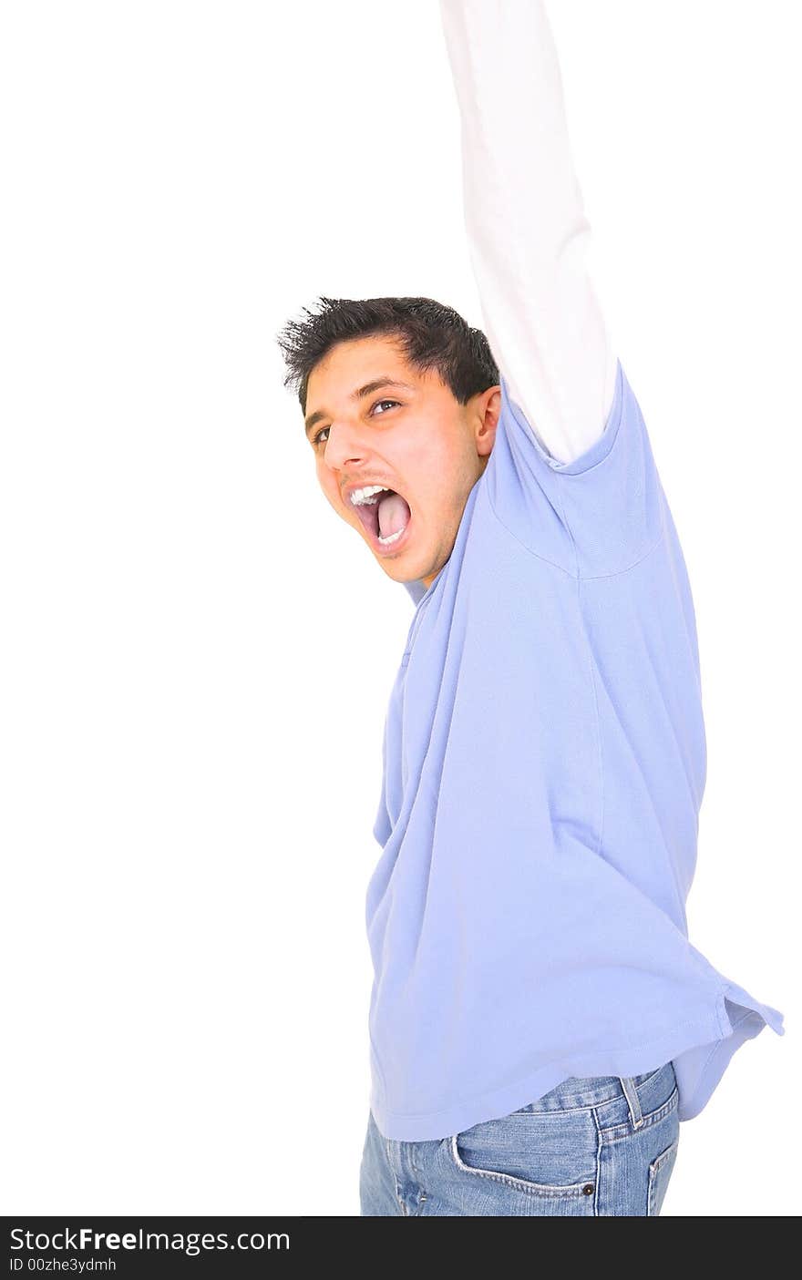 Teenager screams in excitment, stretching up one arm. isolated on white background. Teenager screams in excitment, stretching up one arm. isolated on white background