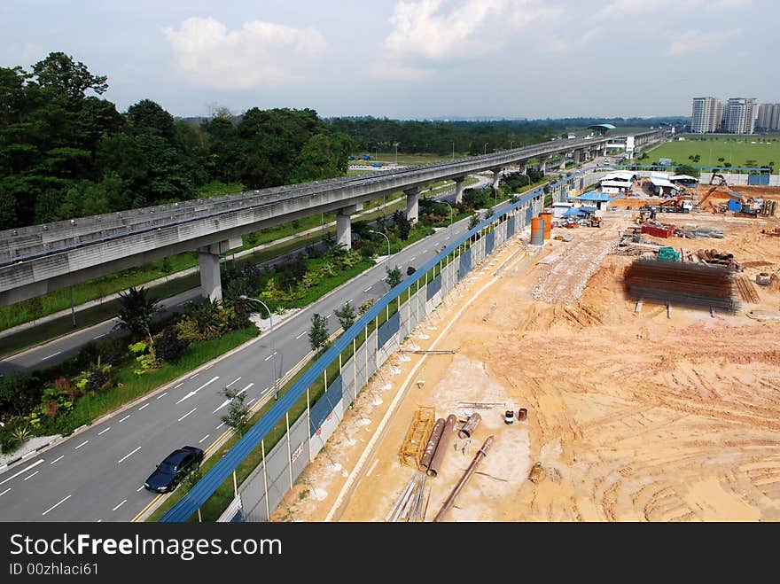 Construction place and monorail in the city