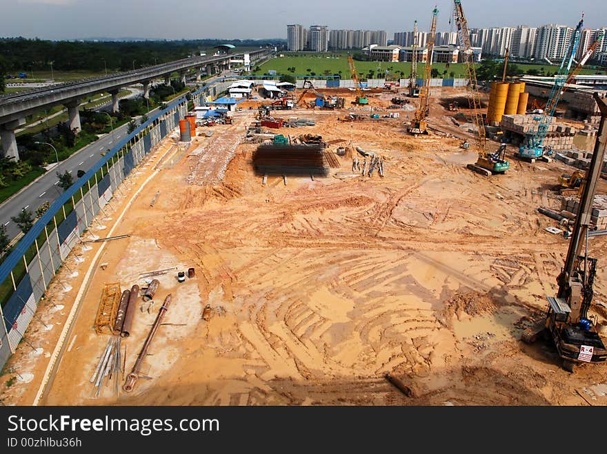 Construction Place And Monorail In The City