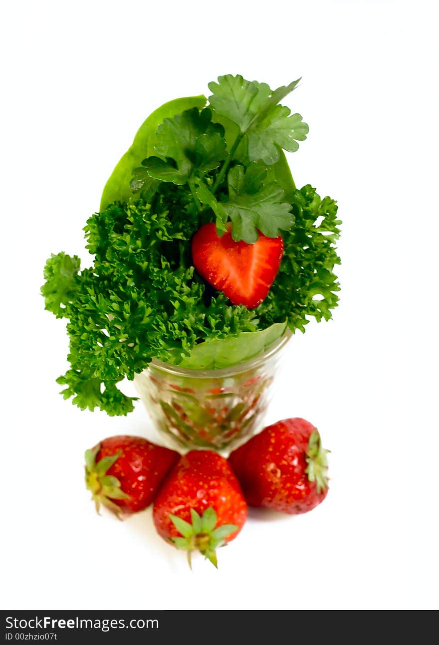 Strawberries And Plants Isolated On White