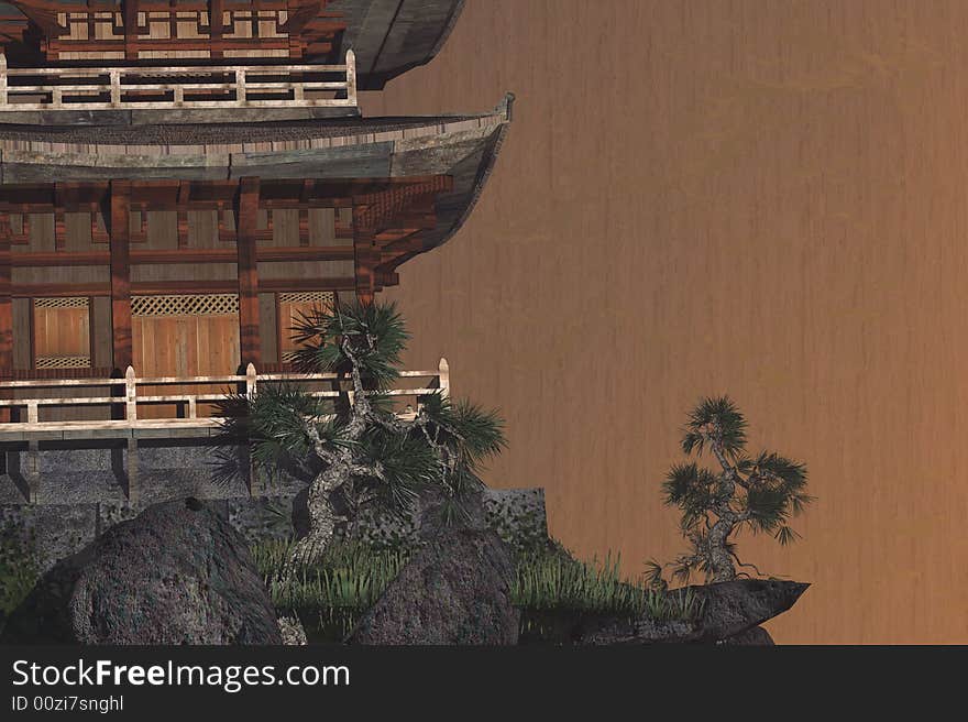 Illustration of a buddhist temple in the mountains