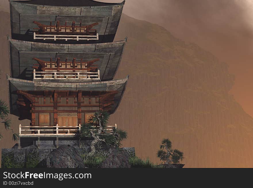 Illustration of a buddhist temple in the mountains