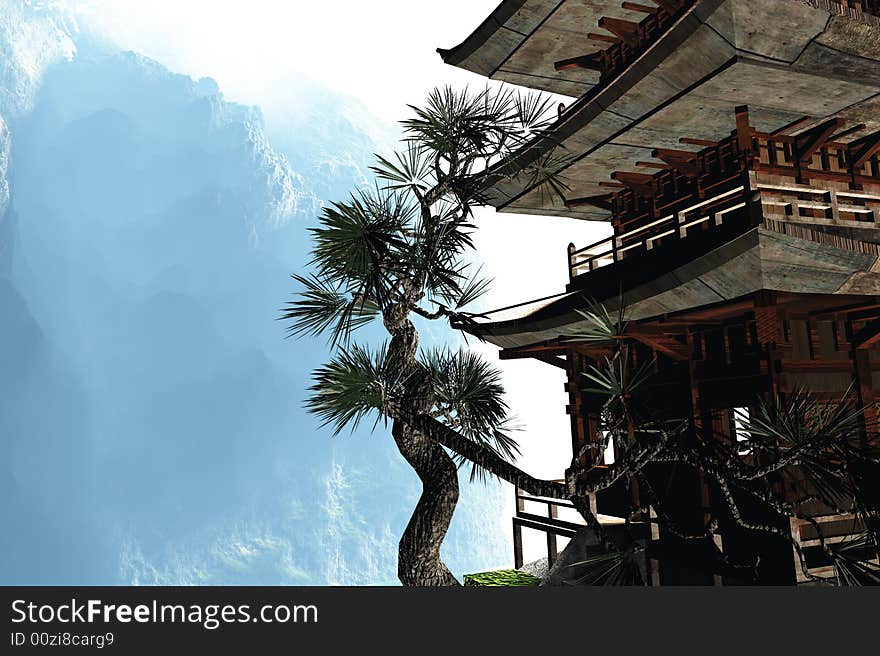 Illustration of a buddhist temple in the mountains