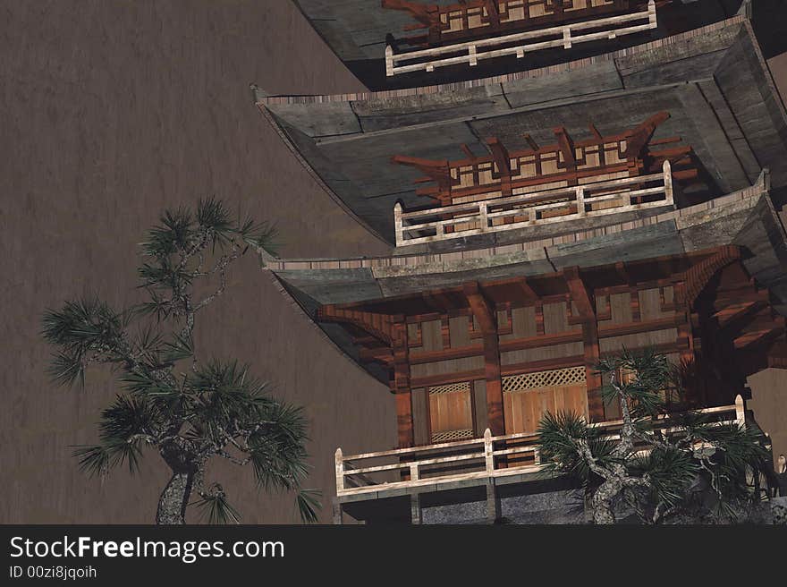 Illustration of a buddhist temple in the mountains