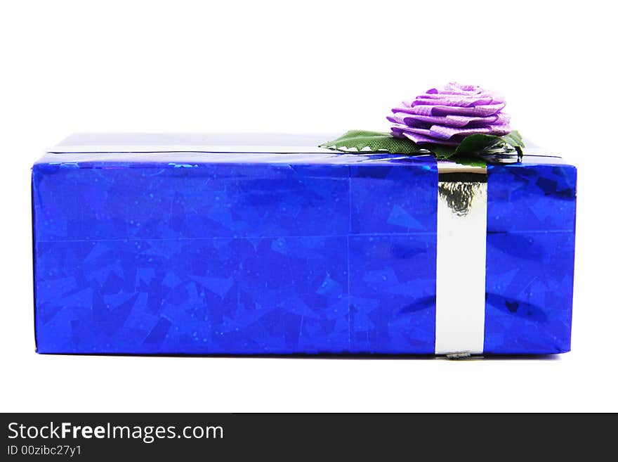 Blue gift witch lilac rose isolated on white